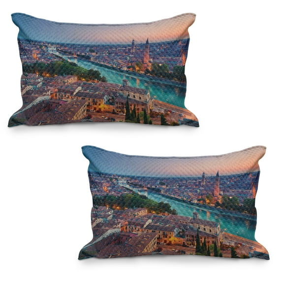 European Quilted Pillowcover Set of 2, Verona Italy During Summer Sunset Blue Hour Adige River Medieval Historcal, Standard Queen Size Pillow Cover Bedroom, 30" x 20", Aqua Coral Green, by Ambesonne