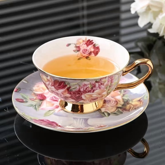 European Retro Luxury Bone China Coffee Cup Set - Exquisite Rose Design for Afternoon Tea - Complete Set with Cup, Plate, and Spoon