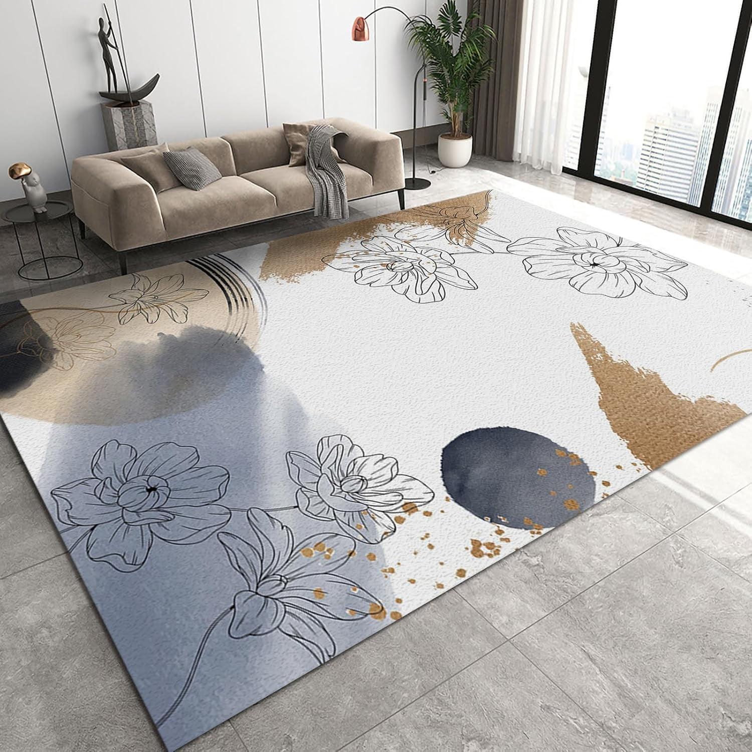 European Rugs Small Simple European Retro Plants Area Rugs, Simple Black Lines Orchid Flowers ...