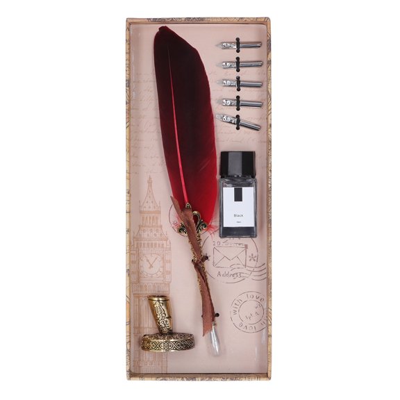 European Retro Style Feather Quill Pen Dip Calligraphy Writing Set with Metal Base (Red)