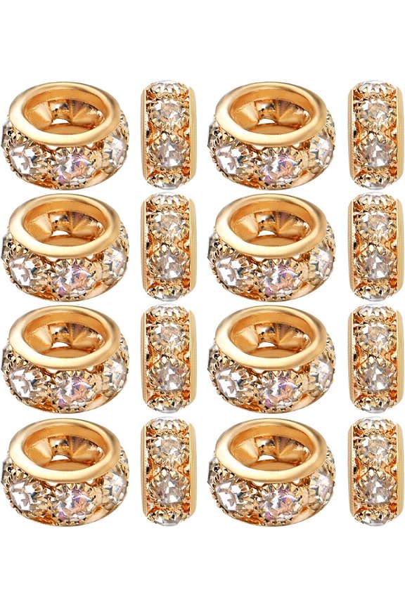 European Rhinestone Spacer Beads, 40pcs Gold Plated Crystal Rondelle Beads Brass Round Loose Beads with 6 mm Large Hole for DIY Jewelry Making Christmas Party Birthday Ornament, 10 mm x 5 mm