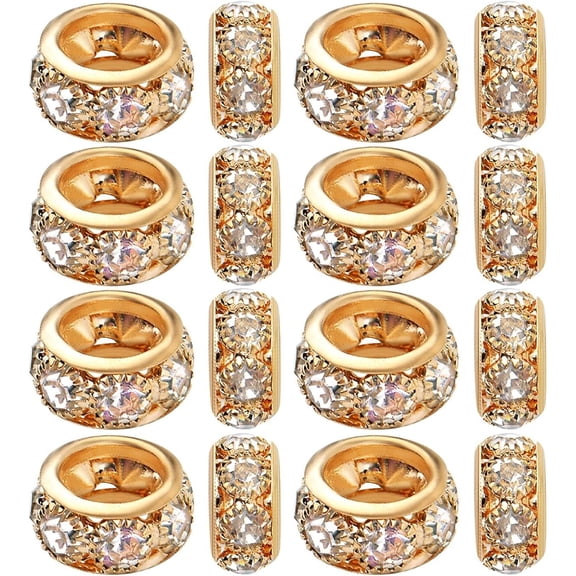 European Rhinestone Spacer Beads, 40pcs Gold Plated Crystal Rondelle Beads Brass Round Loose Beads with 6 mm Large Hole for DIY Jewelry Making Christmas Party Birthday Ornament, 10 mm x 5 mm