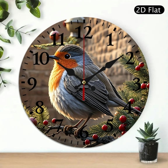 European Robin Bird Wall Clock Round 10x10 Inch Decorative Timepiece for Home Decor, Battery Not Included, 1pc