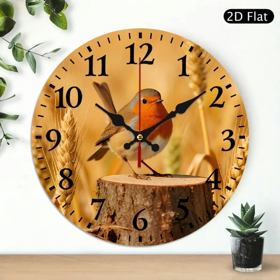 European Robin Bird Wall Clock Round Decorative Timepiece Featuring Vibrant Bird on Tree Stump Design 10x10 Inch 1pc Battery Not Included
