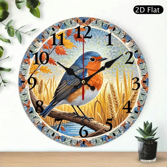 European Robin Mosaic Wall Clock, Decorative Bird Art Round Clock for Home Decor, 10x10 Inch, 1pc, Battery Not Included