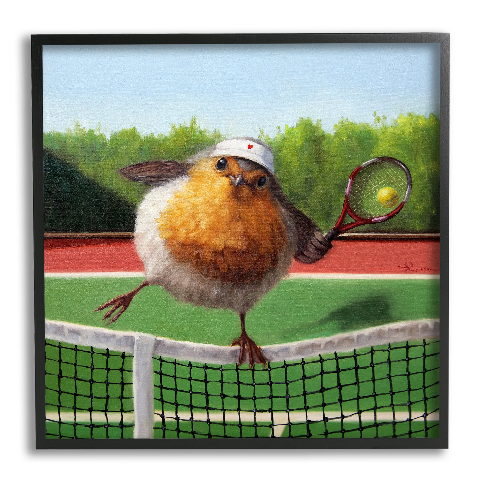 European Robin Playing Tennis Clear Summer Sky Animals & Insects Framed Art Print Wall Art, 17x17