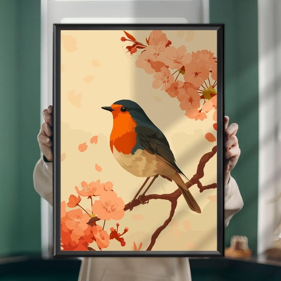 European Robin Poster, Red Breasted Bird Wall Art, Unframed Paper Poster 8x10in