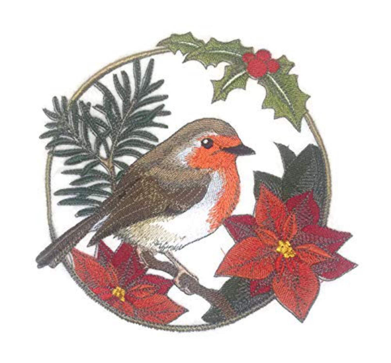 European Robin in Christmas Blooms Embroidered Iron on patch [6.27" X 5.9"]