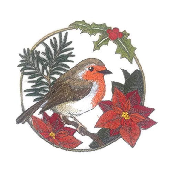 European Robin in Christmas Blooms Embroidered Iron on patch [6.27" X 5.9"]