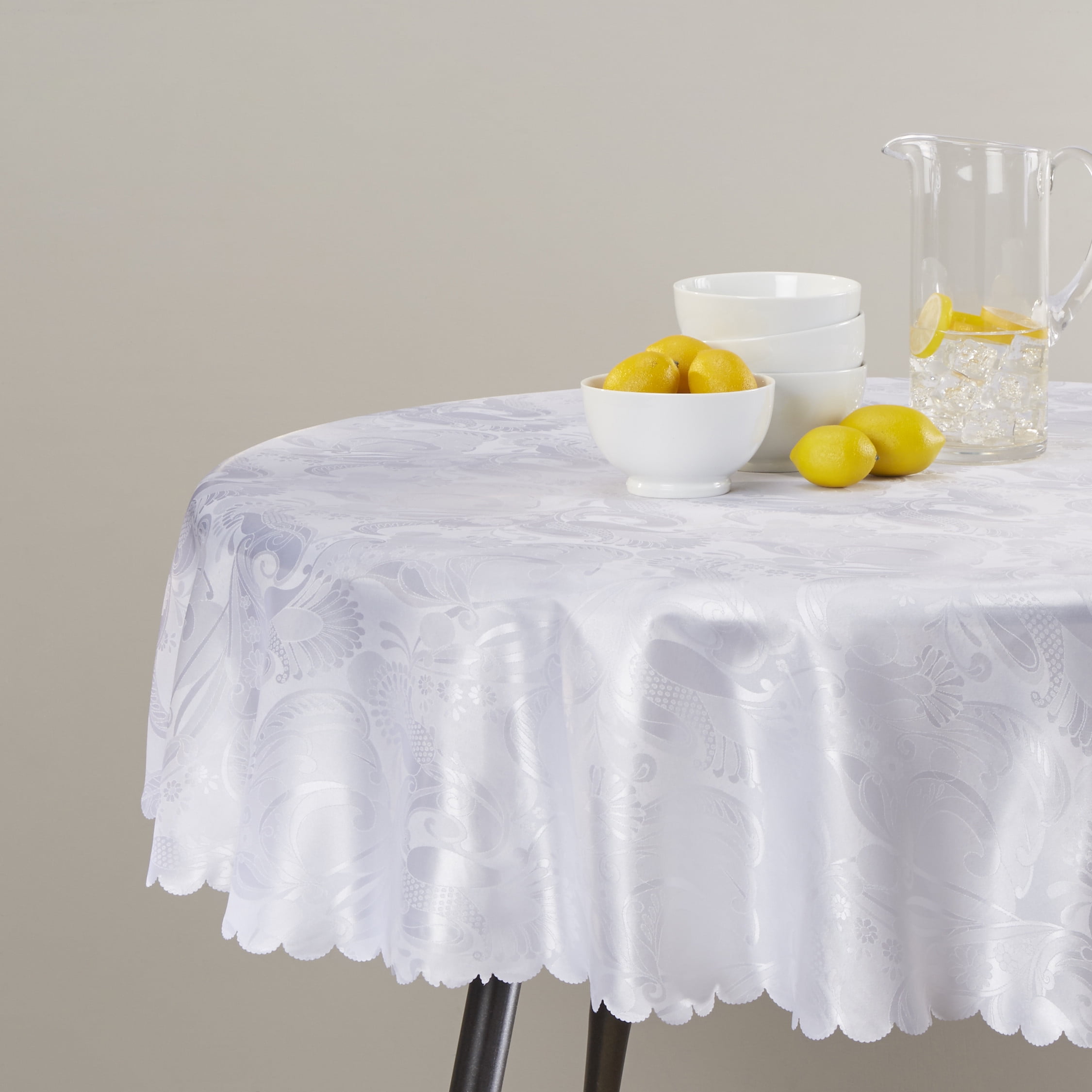 Elegant White Floral Polyester 60" Round Tablecloth