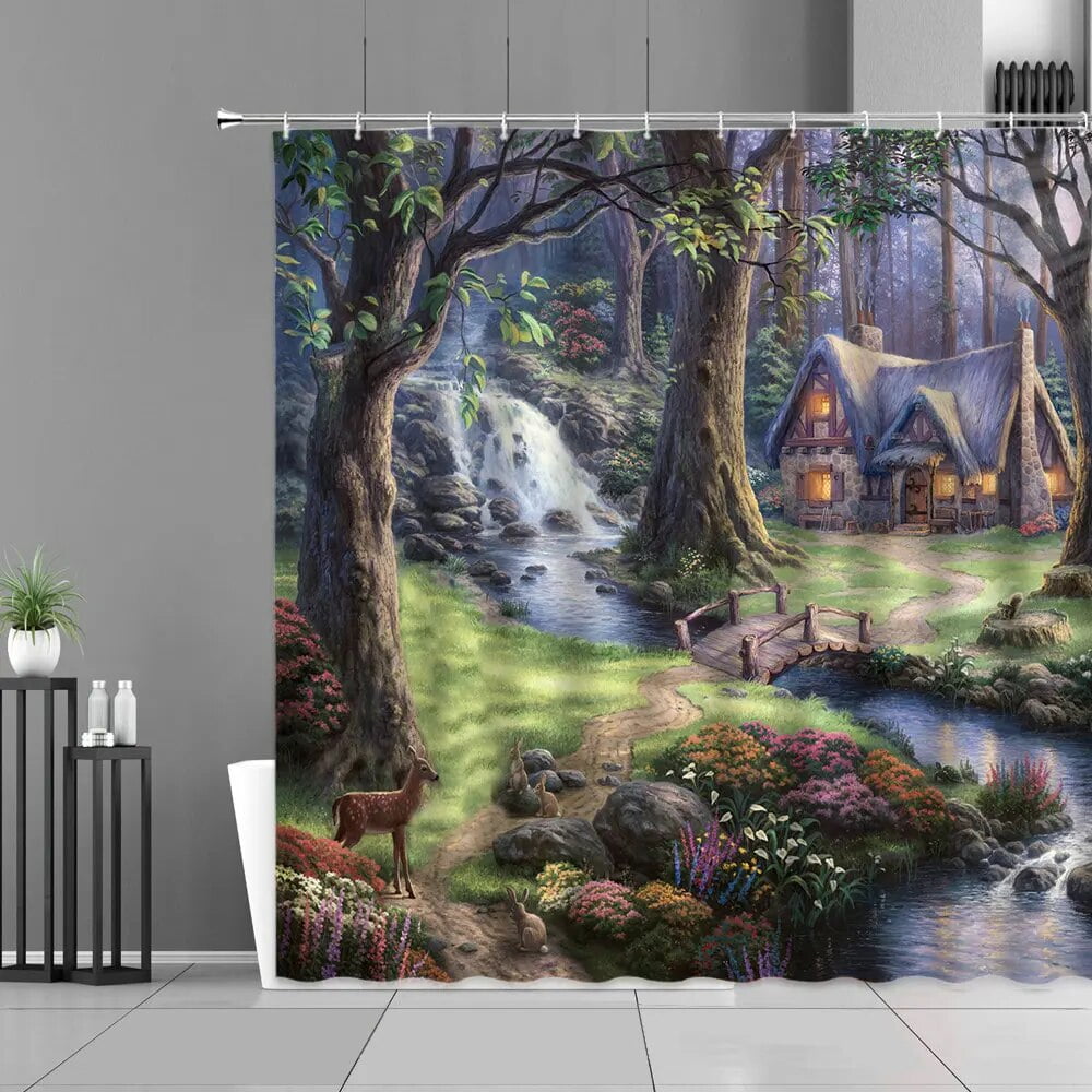 European Rural House Countryside Scenery Shower Curtains Floral Plant