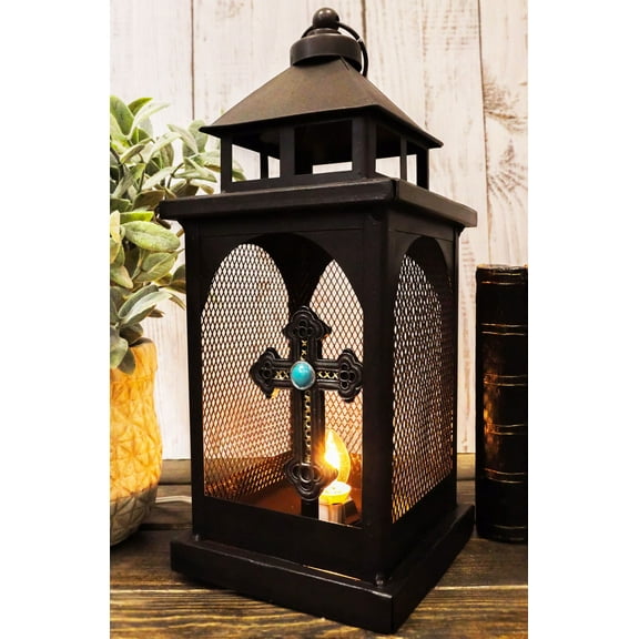 European Rustic Western Turquoise Scroll Cross Electric Metal Lantern Lamp