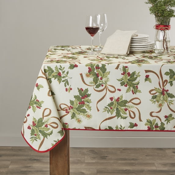 European Seasonal Christmas Ribbons Tablecloth Beige 60" X 102"