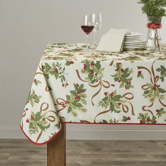 European Seasonal Christmas Ribbons Tablecloth Beige 60" X 84"