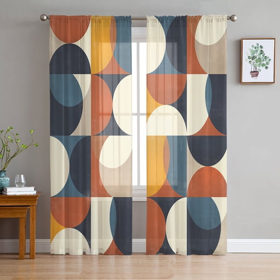 European, Sheer Curtains 63 Inches Length 2 Panels Set, Window Sheer Curtains for Living Room/Bedroom, Abstract Rustic Multi Middle Century Patchwork Light Filter Rod Pocket Curtain 52'' x 63'' x 2