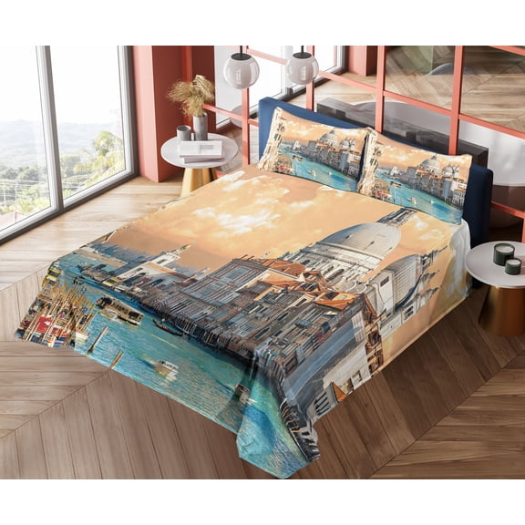 European Sheet Set, Grand Canal in Venice Italy Historic European Cityscape Town Tower Boho Print, Fitted and Flat Sheet with Pillowcases Bedding Accent 4 Piece Set, Queen, Multicolor, by Ambesonne