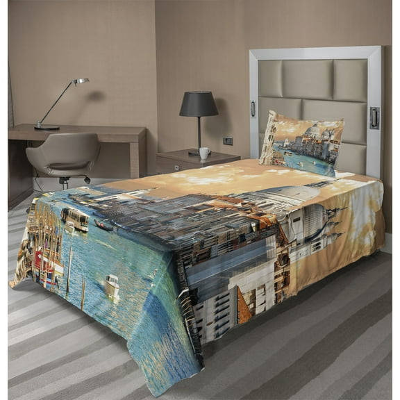 Ambesonne European Fitted & Top Sheet Set with Sham, Historical Venice City, Multicolor