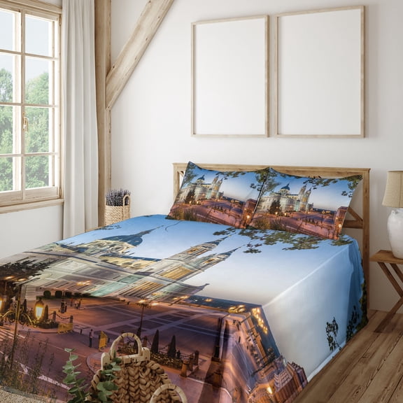 Ambesonne Europe Fitted & Top Sheet Set with Shams, Royal Palace in Madrid, Multicolor