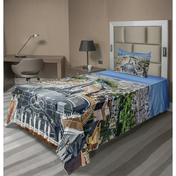 European Sheet Set, Saint Peter's Square in Rome Italian Mediterranean Europe Citscape Urban Print, Fitted and Flat Sheet with Pillowcase Bedding Accent 3 Piece Set, Twin, Multicolor, by Ambesonne