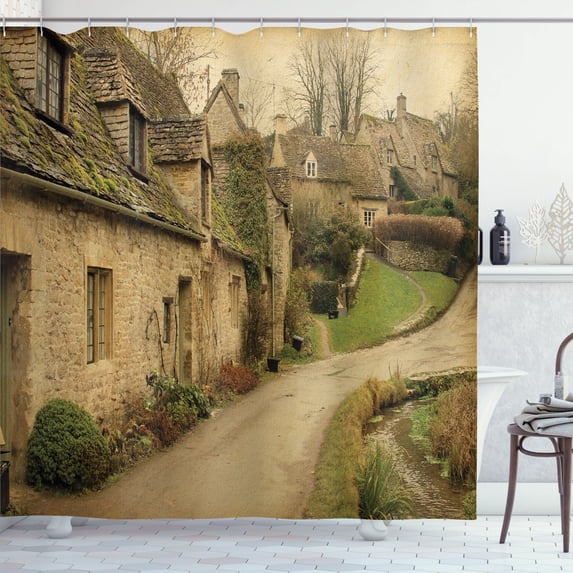 European Shower Curtain, British Town with Stone Houses Retro England Countryside Buildings Image Print, Cloth Fabric Bathroom Decor Set with Hooks, 70" Long, Grey Green by Ambesonne