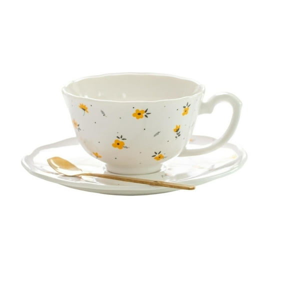 European Small Green Flower Coffee Cup and Saucer with Spoon Ceramic Tea Cup Office Drinking Water Cute Mug
