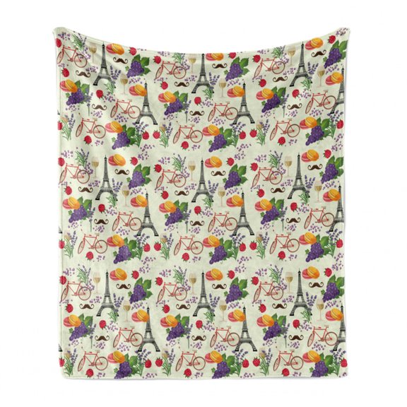 European Soft Flannel Fleece Blanket, French Themed Paris Must Have Macarons Wines Grapes Bikes Berries Eiffel Art Print, Cozy Plush for Indoor and Outdoor Use, 60" x 80", Multicolor, by Ambesonne