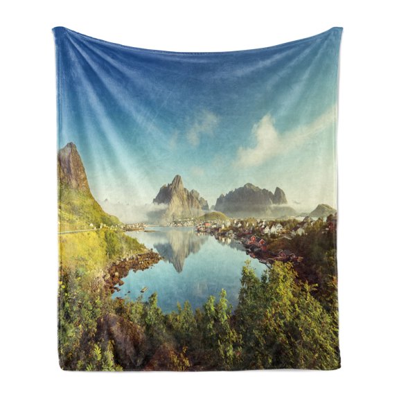 European Soft Flannel Fleece Blanket, Reine Creek in Norway in a Sunny Fall Day Tranquil Peaceful Vacation Image Print, Cozy Plush for Indoor and Outdoor Use, 50" x 60", Green Blue, by Ambesonne