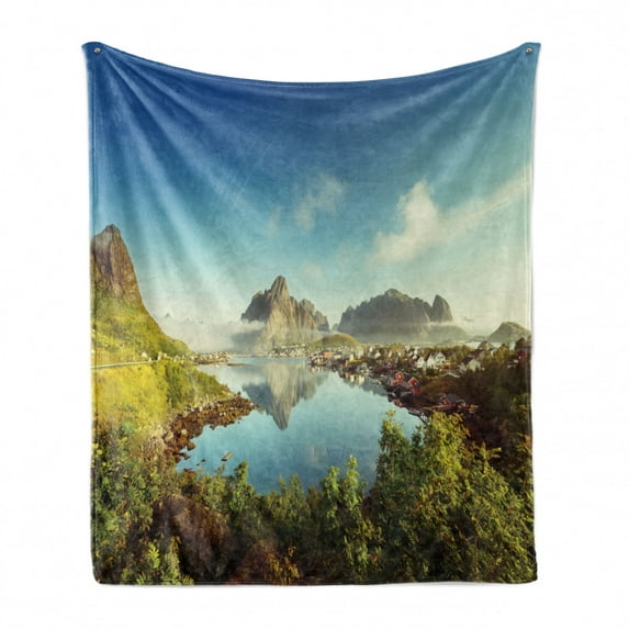 European Soft Flannel Fleece Blanket, Reine Creek in Norway in a Sunny Fall Day Tranquil Peaceful Vacation Image Print, Cozy Plush for Indoor and Outdoor Use, 60" x 80", Green Blue, by Ambesonne