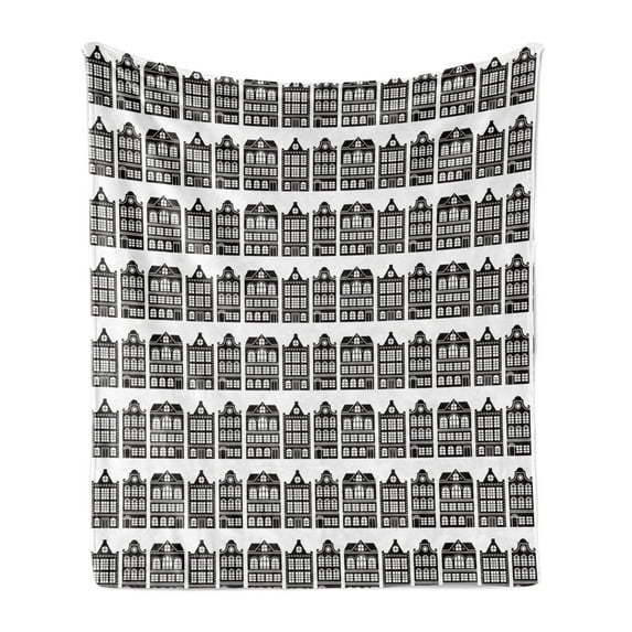 European Soft Flannel Fleece Throw Blanket, Amsterdam Dutch House Buildings Graphic Nordic Retro Architecture, Cozy Plush for Indoor and Outdoor Use, 50" x 70", Charcoal Grey and White, by Ambesonne