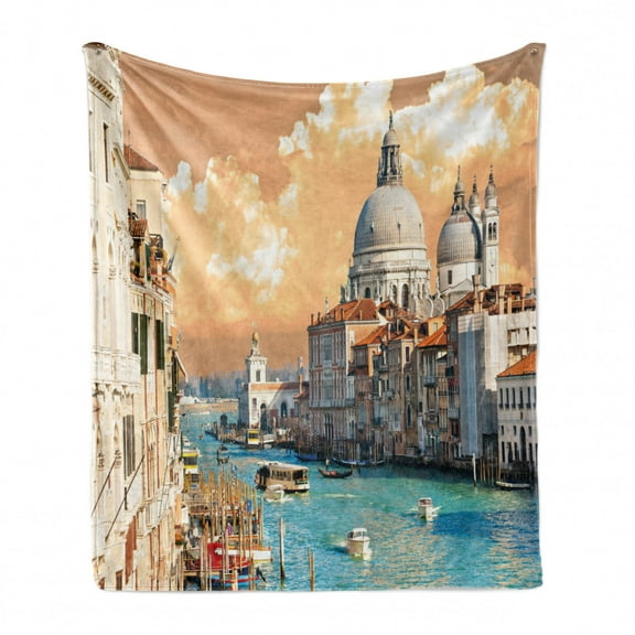 European Soft Flannel Fleece Throw Blanket, Grand Canal in Venice Italy Historic European Cityscape Town Tower Boho Print, Cozy Plush for Indoor and Outdoor Use, 70" x 90", Multicolor, by Ambesonne