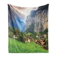 thumbnail image 1 of European Soft Flannel Fleece Throw Blanket, Green Fields Touristic Town Lauterbrunnen Bernese Oberland Switzerland Europe, Cozy Plush for Indoor and Outdoor Use, 60" x 80", Green Grey, by Ambesonne, 1 of 5