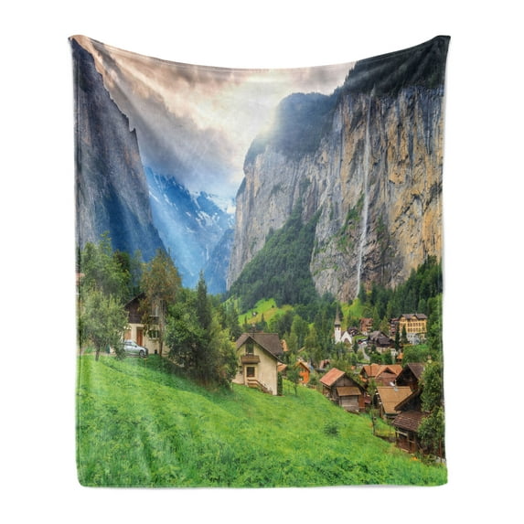 European Soft Flannel Fleece Throw Blanket, Green Fields Touristic Town Lauterbrunnen Bernese Oberland Switzerland Europe, Cozy Plush for Indoor and Outdoor Use, 70" x 90", Green Grey, by Ambesonne