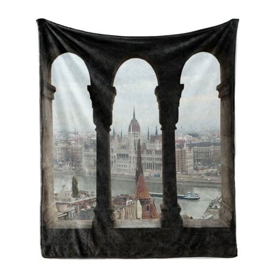 European Soft Flannel Fleece Throw Blanket, Hungarian Parliament on the Embankment of the Danube from Balcony Image, Cozy Plush for Indoor and Outdoor Use, 60" x 80", Multicolor, by Ambesonne