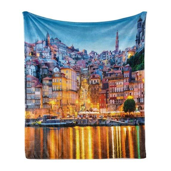 European Soft Flannel Fleece Throw Blanket, Medieval Town Coast Portuguese Porto Old City Historical Twilight Scenery, Cozy Plush for Indoor and Outdoor Use, 50" x 60", Ginger Pale Blue, by Ambesonne