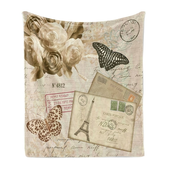 European Soft Flannel Fleece Throw Blanket, Old Vintage Retro Style Lettering with Flowers Butterflies Print, Cozy Plush for Indoor and Outdoor Use, 70" x 90", Pale Brown Black, by Ambesonne
