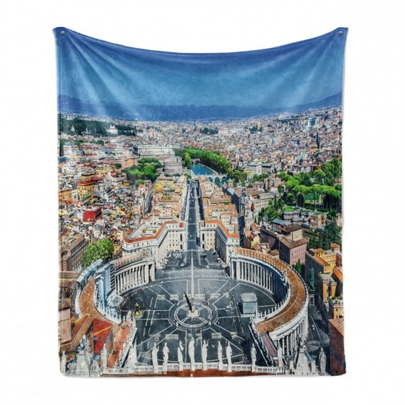 European Soft Flannel Fleece Throw Blanket, Saint Peter's Square in Rome Italian Mediterranean Europe Citscape Urban Print, Cozy Plush for Indoor and Outdoor Use, 50" x 60", Multicolor, by Ambesonne
