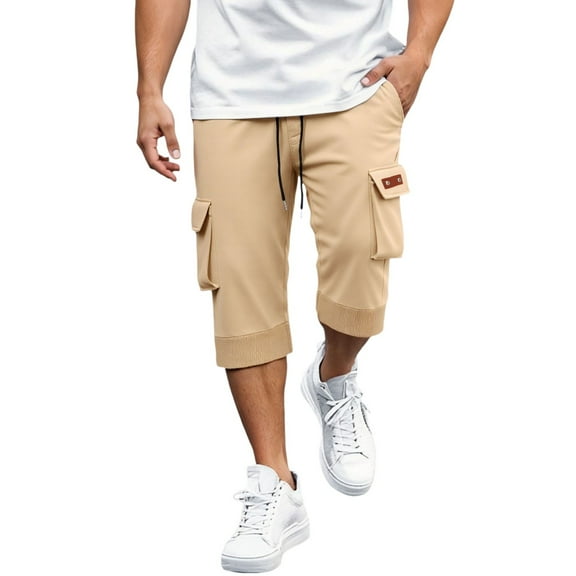 European Solid Color Cropped Casual Pants for Men Loose Fit Minimalist Hop Style Comfortable Lightweight Breathable Stretchable Men's Hiking Pants Dress Navy Adjustable Waist