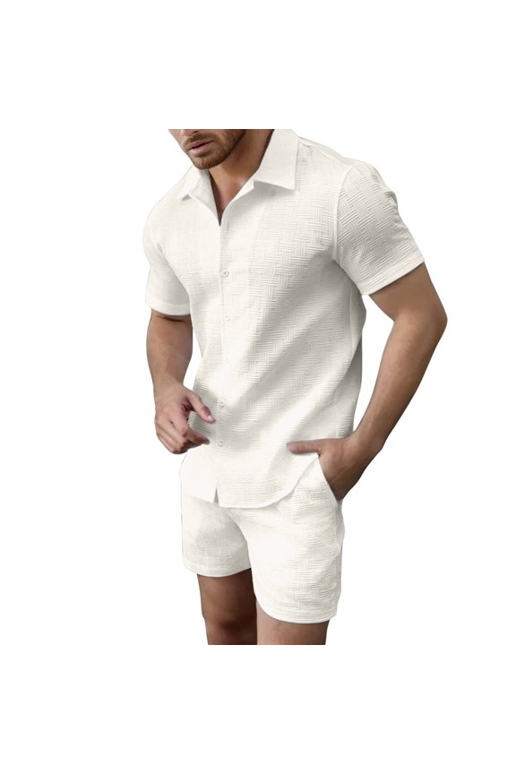 European Solid Color Jacquard Short Sleeved Shirt Shorts Men Business Casual Loose Comfortable Trend Foreign Trade Two Piece Set