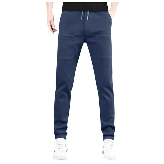 European Solid Color Men's Casual Pants Elastic Waist Straight Leg Comfortable Loose Fit Sports Joggers with Splicing Pocket Big and Tall Relaxed Fit Pants Men's Sweatpants Active