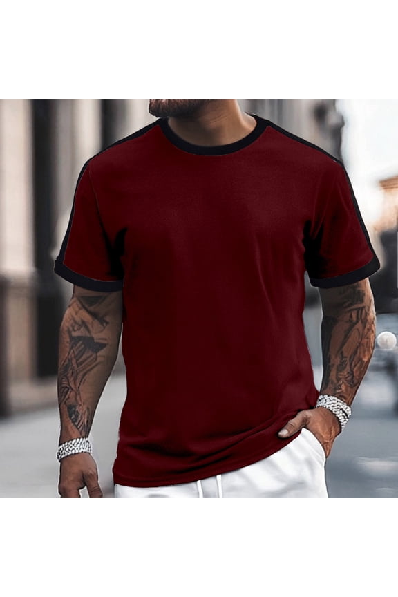 European Solid Color Vertical Color Blocked Top for Men Casual Loose Comfortable Business Foreign Trade Round Neck Short Sleeved T Shirt Work T Shirts for Men Band T Shirts Shirt Fitted T Shirts for
