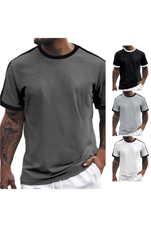 European Solid Vertical Blocked Top for Men Casual Loose Comfortable Business Foreign Trade Round Neck Short Sleeved T Shirt Neck Top for Men Mens Shirts Tall Sleeve Shirt Mens Size Small