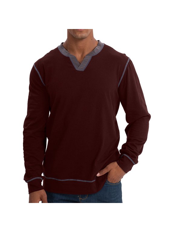 European Splicing V Neck Base Shirt Men's Casual Trend Loose Business Long Sleeved T Shirt for Foreign Trade, Polyester & Spandex