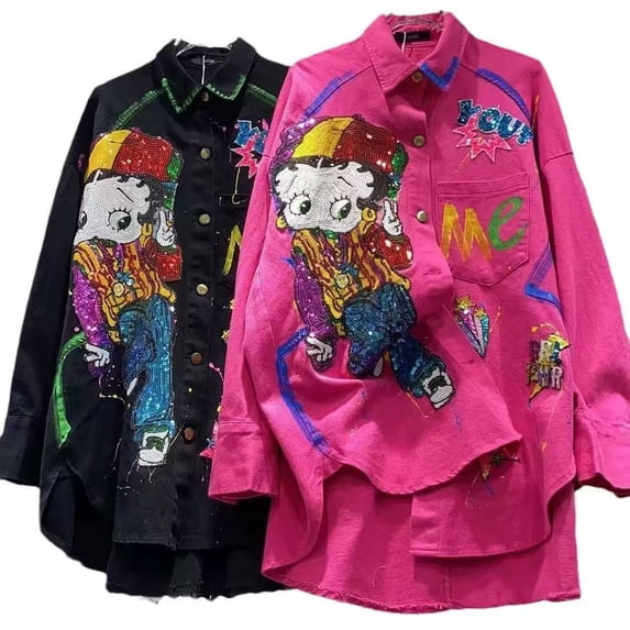 European Station 2026 Fall New Fashion Cartoon Embroidery Shirt For Women, Long And Loose Fit, Versatile Denim Jacket