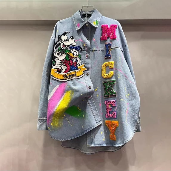 European Station 2026 Fall New Fashion Cartoon Embroidery Shirt For Women, Long And Loose Fit, Versatile Denim Jacket