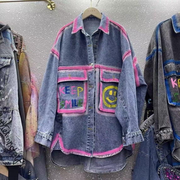 European Station 2026 Fall New Fashion Cartoon Embroidery Shirt For Women, Long And Loose Fit, Versatile Denim Jacket