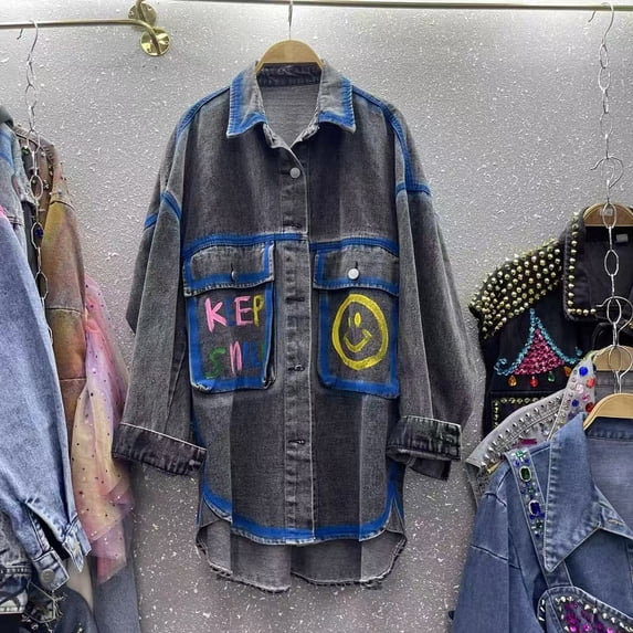 European Station 2026 Fall New Fashion Cartoon Embroidery Shirt For Women, Long And Loose Fit, Versatile Denim Jacket