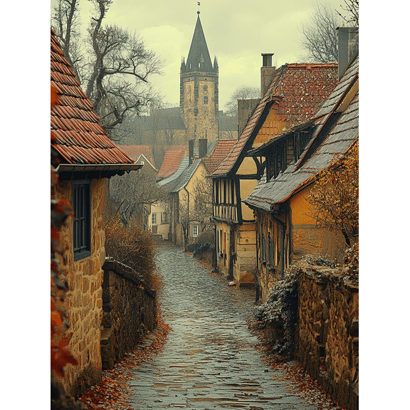 European Street Cobblestone Autumn Scenery Wall Art Canvas Print Suitable for Living Room Dining Room Office Hotel Decoration