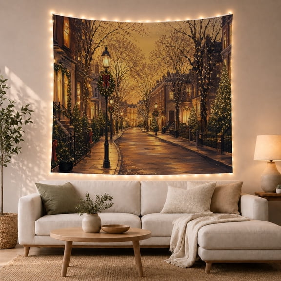 European Street under Golden Lights, Cozy Illustration for Cityscape Art Lovers, Evergreen Wreath Wall Art, Christmas Gift, Tapestry Wall Hanging for Living Room and Dorm