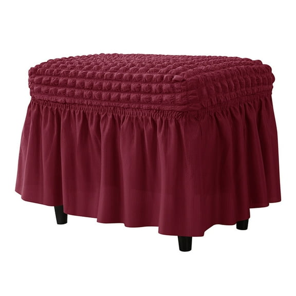 European Stretch Ottoman Cover With Skirt Hem, 3D Bubble Grid Dustproof Footstool Cover-wine red-1pcs