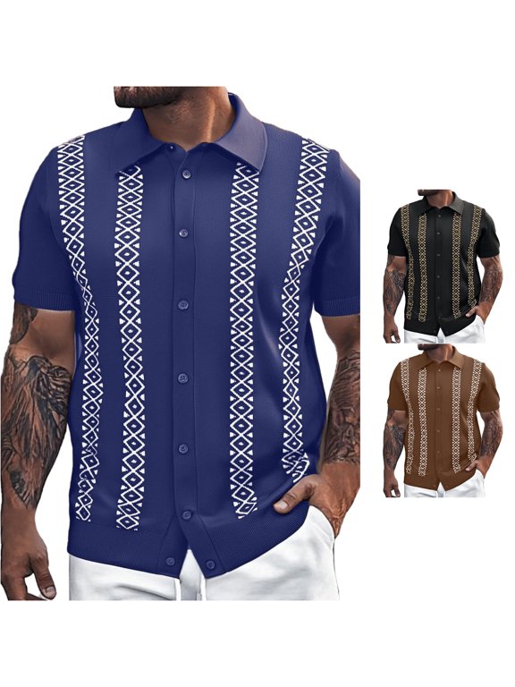 European Striped Knitted Men Shirt Casual Loose Comfortable Business Foreign Trade Lapel Short Sleeved Blue 3XL